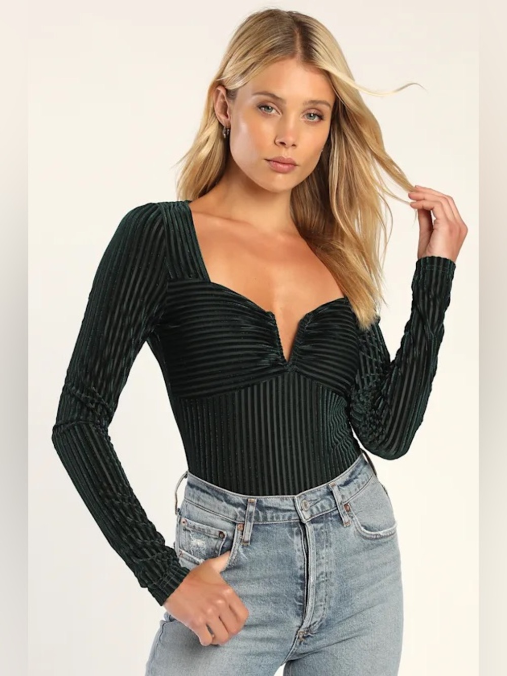 Francesca's Collections Dark Green Ribbed Velvet Long-Sleeve Bodysuit